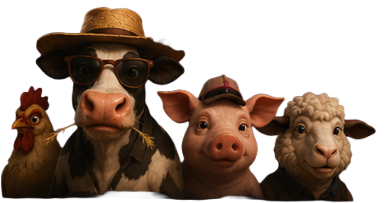 A rooster, a cow wearing a hat and sunglasses, a pig, and a sheep lined up at a dusk farm